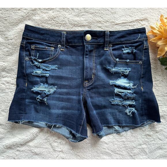 American Eagle AEO Denim X4 Hi-Rise shortie Size 8 - Picture 1 of 6